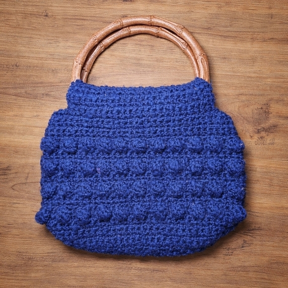 Handmade Handbags - Handmade Navy Blue Crochet Bamboo Handle Purse Boho Vintage Style Handbag